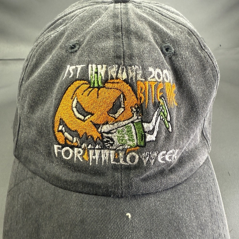 Vintage 2001 Halloween Pumpkin Hat Bite Me‎ Cap Bullet Line Adjustable
